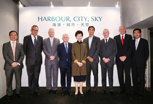 Mrs Carrie Lam, Chief Secretary for Administration, HKSAR Government (centre) was Guest of Honour at the Harbour, City, Sky Photographic Exhibition Opening Ceremony. Other officiating guests included Nicholas Brooke; Chairman of Harbourfront Commission (second right); Edward Stokes, Curator of the Exhibition (fourth left); Douglas Woo, Chairman of Wheelock and Company (forth right); Rogan Coles, Photographer of Exhibition (third right); Nicholas Kitto, Photographer of Exhibition (third left); Richard Wesley